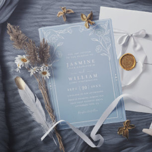 White and Blue Vintage Elegant QR Code Wedding Invitation