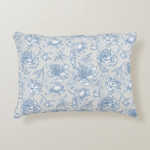 White and Blue Vintage Floral Illustrated Accent Pillow