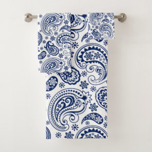 White and blue vintage paisley pattern bath towel set
