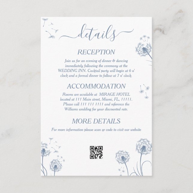 White and Blue Wildflower Rustic Wedding Details Enclosure Card (Front)