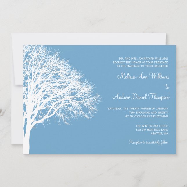 White and Blue Winter Oak Wedding Invitation (Front)