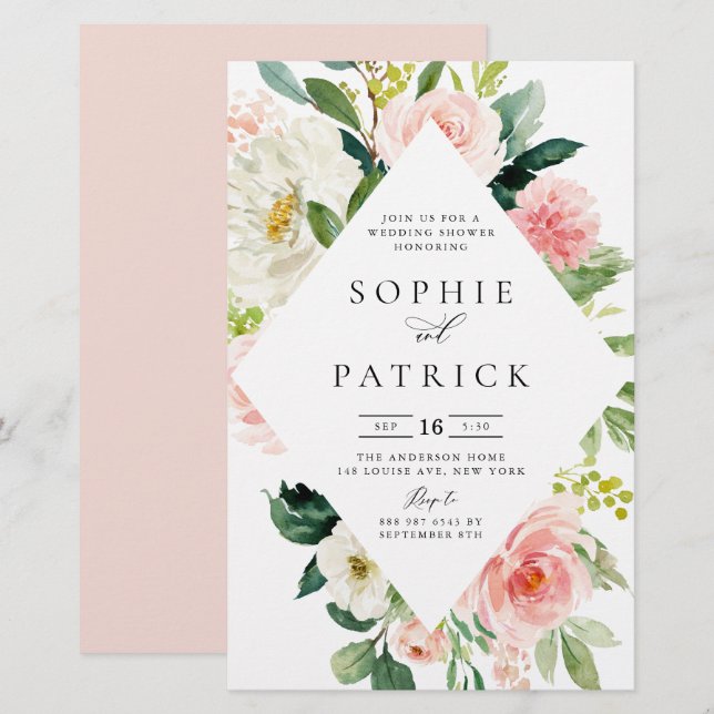 White and Blush Floral Frame Wedding Shower Invite (Front/Back)