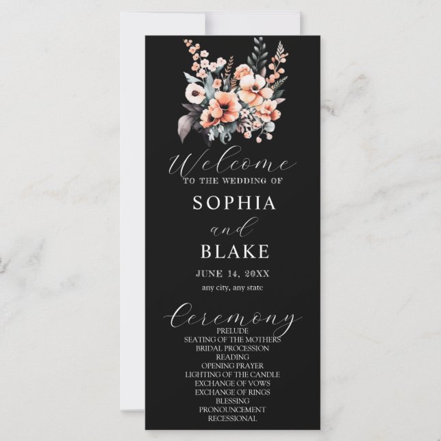 White and Blush Flowers Black Wedding Program (Front)