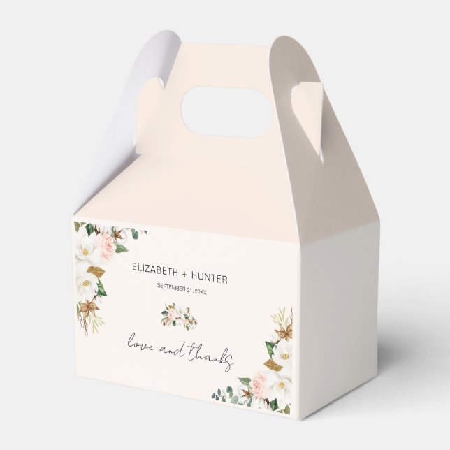 White and Blush Pink Magnolia Floral Wedding Favor Box (Front Side)