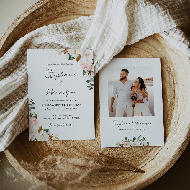 White and Blush Pink Magnolia Floral Wedding Photo Invitation (Creator Uploaded)
