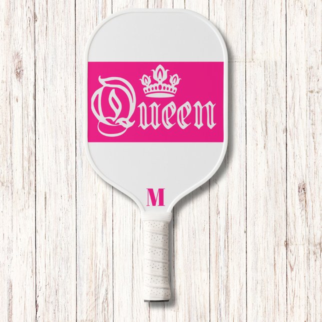 White and Bright Pink Queen Crown Modern Monogram Pickleball Paddle (Creator Uploaded)