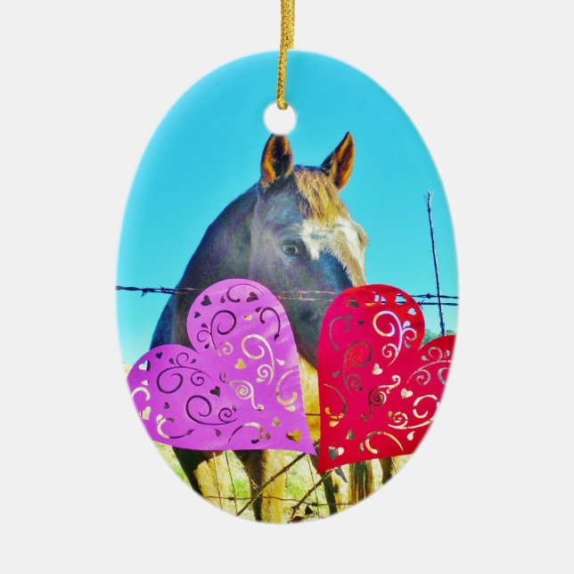 White and Brown horse Valentine Hearts Ceramic Ornament (Front)