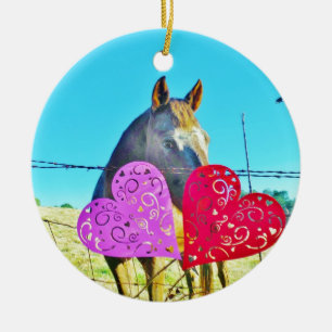 White and Brown horse Valentine Hearts Ceramic Ornament