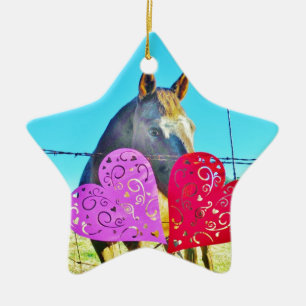 White and Brown horse Valentine Hearts Ceramic Ornament