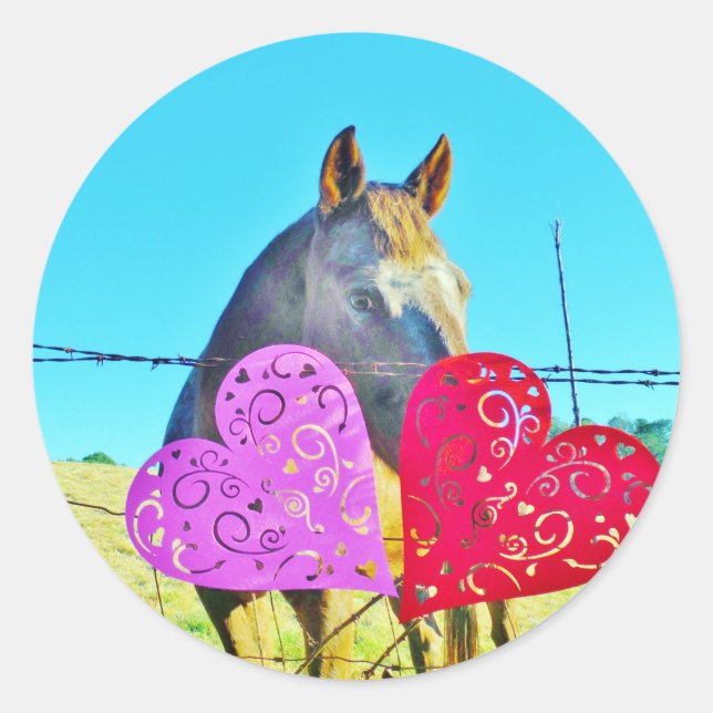 White and Brown horse Valentine Hearts Classic Round Sticker (Front)