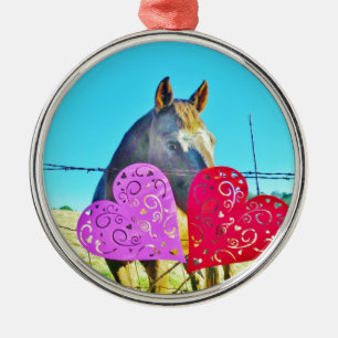 White and Brown horse Valentine Hearts Metal Ornament