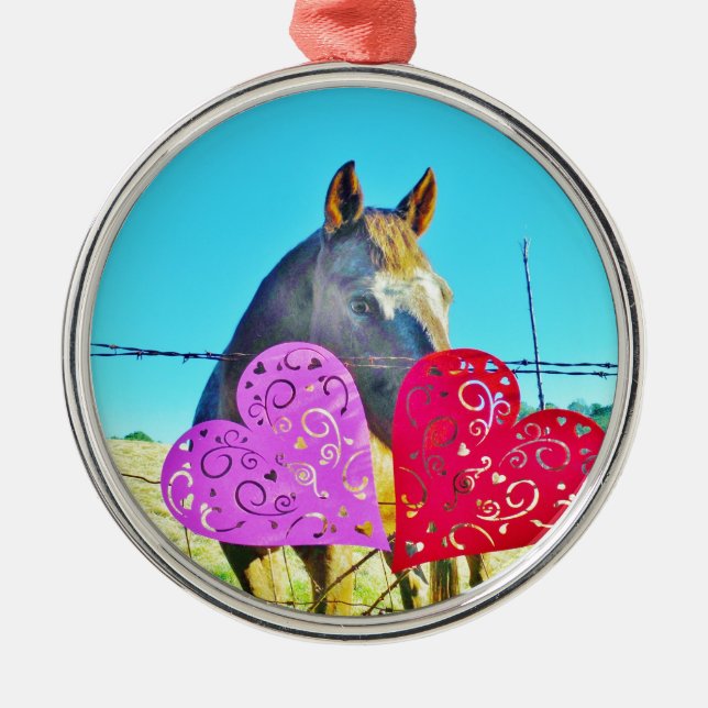White and Brown horse Valentine Hearts Metal Ornament (Front)