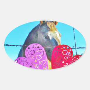 White and Brown horse Valentine Hearts Oval Sticker
