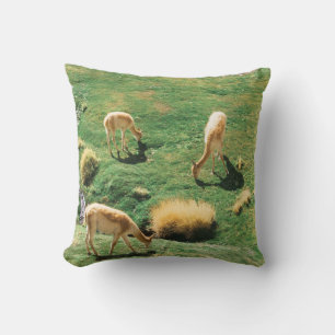 WHITE AND BROWN HORSES ON GREEN GRASS FIELD THROW PILLOW