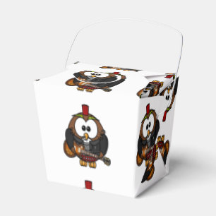 White and brown owl playing a guitar with red hat favor box