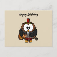 White and brown owl playing a guitar with red hat