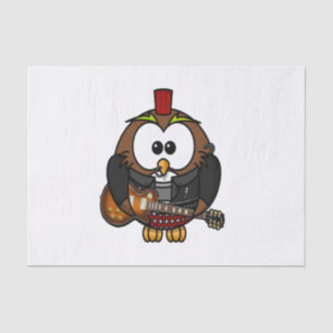 White and brown owl playing a guitar with red hat tissue paper