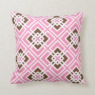 White and Bubblegum Pink & Brown Geometric Squares Throw Pillow