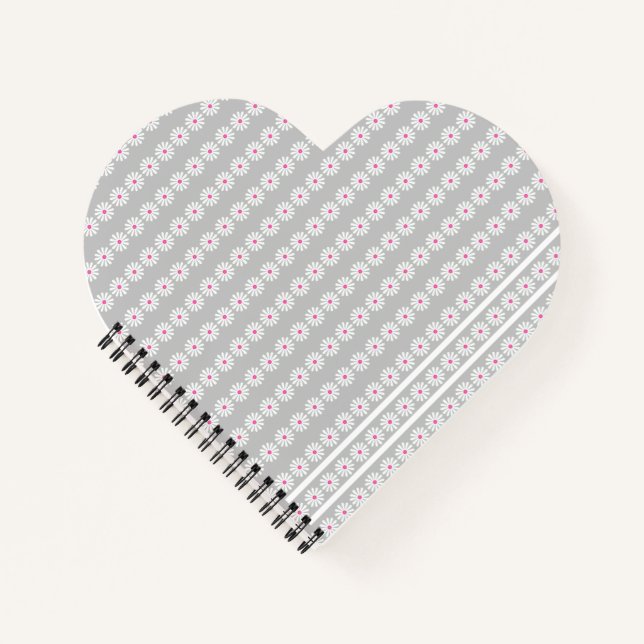 White and cerise pink daisy flowers in stripes notebook (Front)