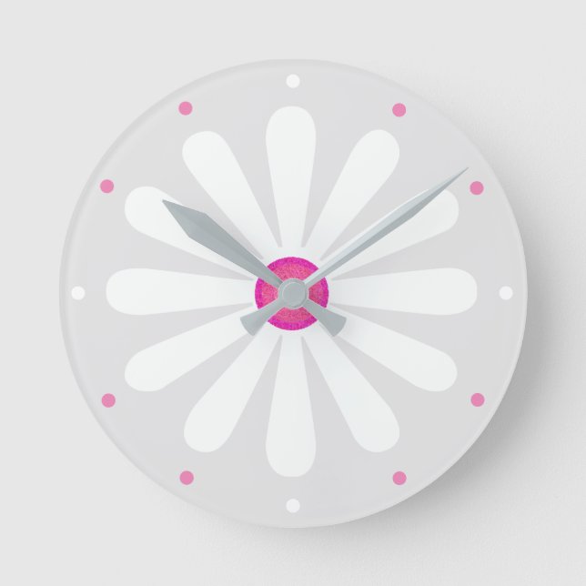 White and cerise pink daisy round clock (Front)