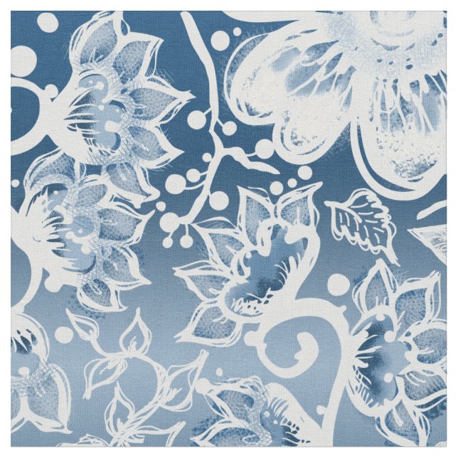 White and Classic Blue Boho Flowers  Fabric (Close Up)