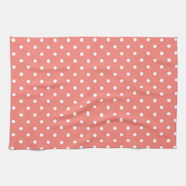 White and Coral Pink Polka Dot Pattern Kitchen Towel (Horizontal)