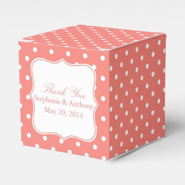 White and Coral Pink Polka Dot Thank You Favor Box (Front Side)