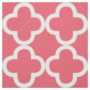 White And Coral Red Quatrefoil Geometric Pattern Fabric
