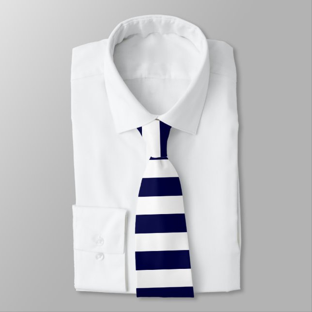 White and Dark Blue Horizontally-Striped Tie (Tied)