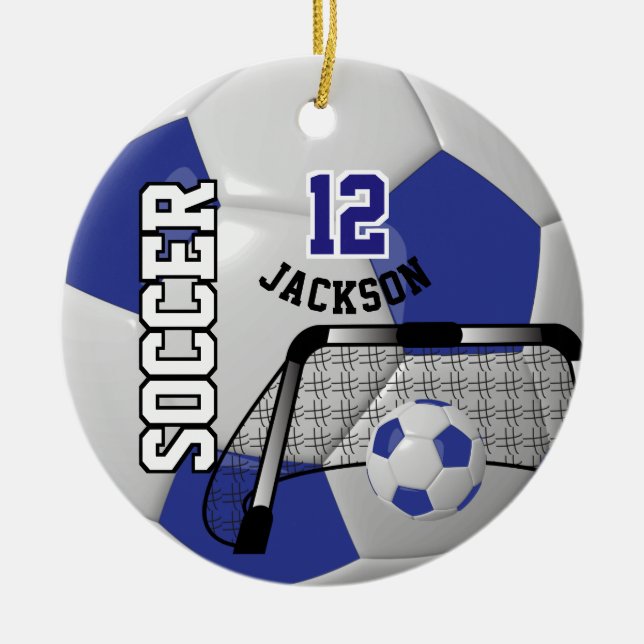 *White and Dark Blue Personalize Soccer Ball Ceramic Ornament (Front)