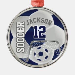 White and Dark Blue Personalize Soccer  ⚽ Ball Metal Ornament