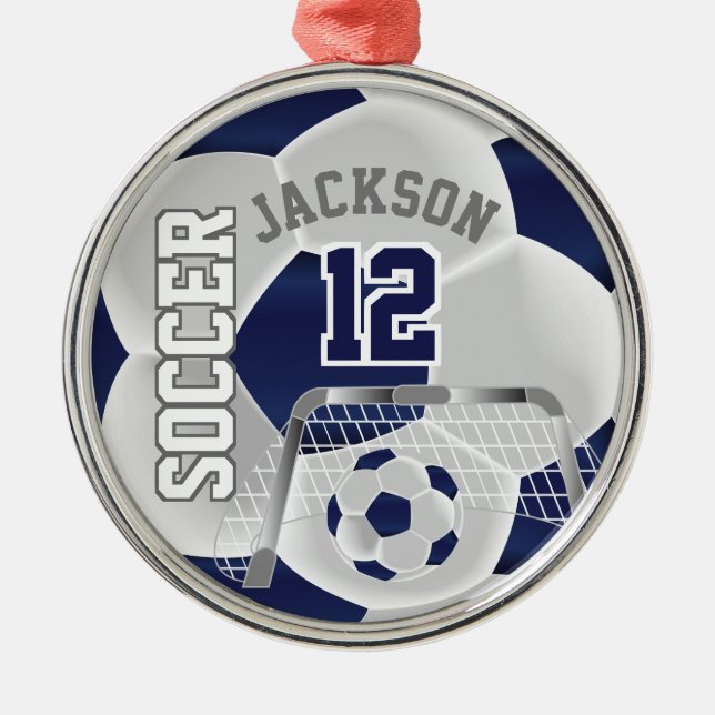 White and Dark Blue Personalize Soccer  ⚽ Ball Metal Ornament (Front)