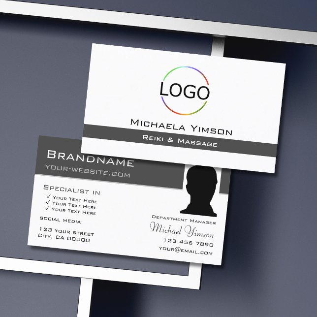 White and Dark Grey with Logo & Photo Professional Business Card (Creator Uploaded)