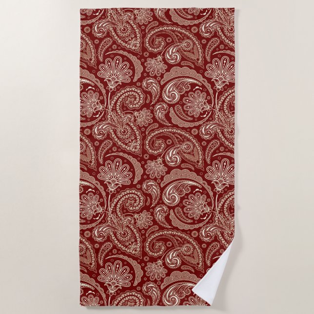 White And Dark Red Paisley Beach Towel (Front)