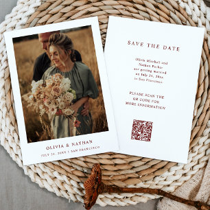 White and Dark Red Text and Photo Wedding QR Code Save The Date