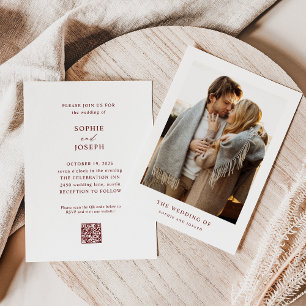White and Dark Red Text Photo   QR Code Wedding Invitation