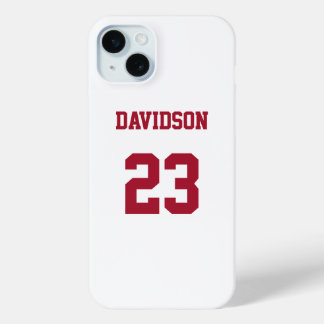 White and Deep Red Jersey Name Number Custom iPhone 15 Mini Case