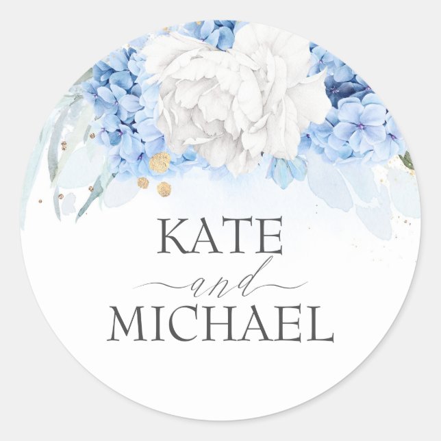 White and Dusty Blue Floral Wedding Classic Round Sticker (Front)