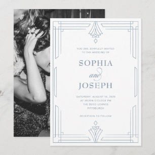 White and Dusty Blue Timeless Photo Wedding Invitation