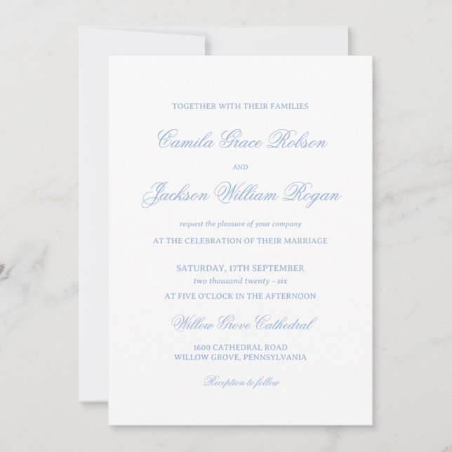 White and Dusty Blue Wedding Invitation (Front)