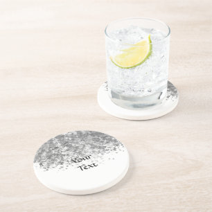 White and faux glitter personalized coaster