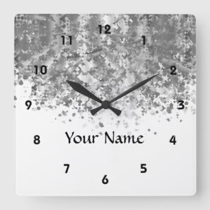 White and faux glitter personalized square wall clock