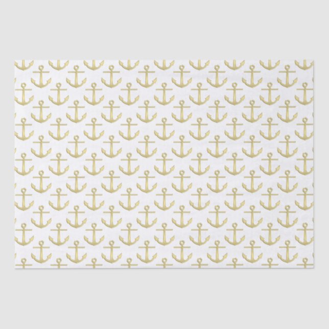 White and Faux Gold Anchors Pattern Tissue Paper (Front)