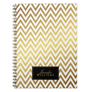 White and Faux Gold Chevron Stripes Personalized Notebook