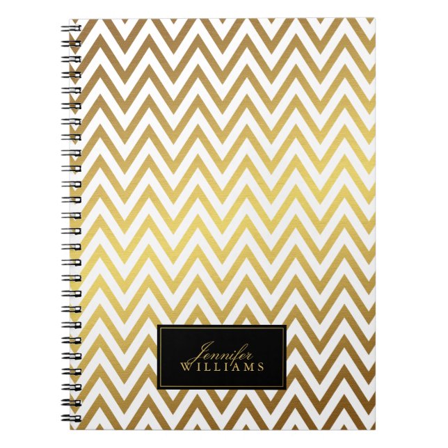 White and Faux Gold Chevron Stripes Personalized Notebook (Front)