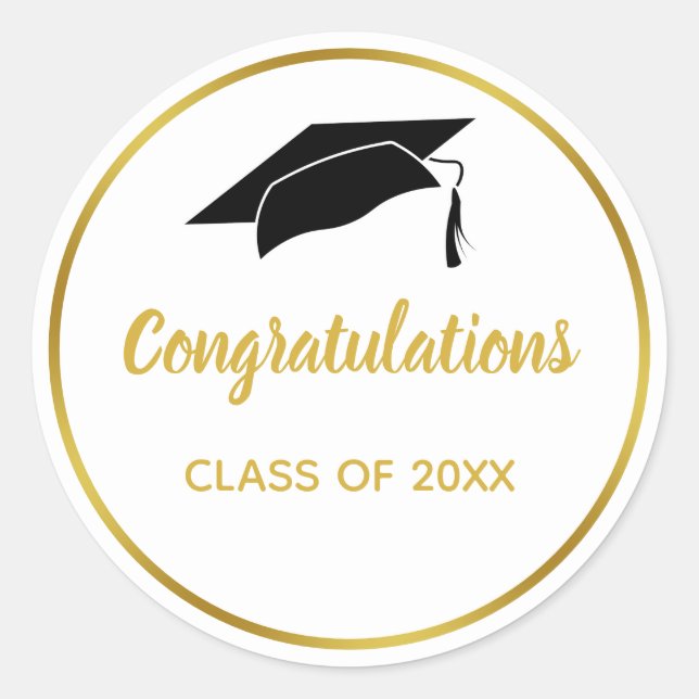 White and Faux Gold Graduation Congratulations Classic Round Sticker (Front)