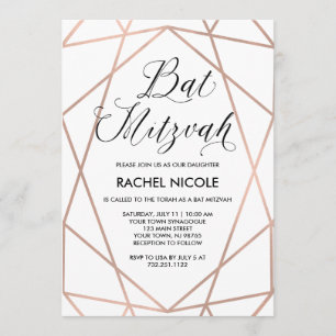 White and Faux Rose Gold Geometric   Bat Mitzvah Invitation