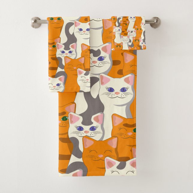 White and ginger cats pattern green eyes blue eyes bath towel set (Insitu)
