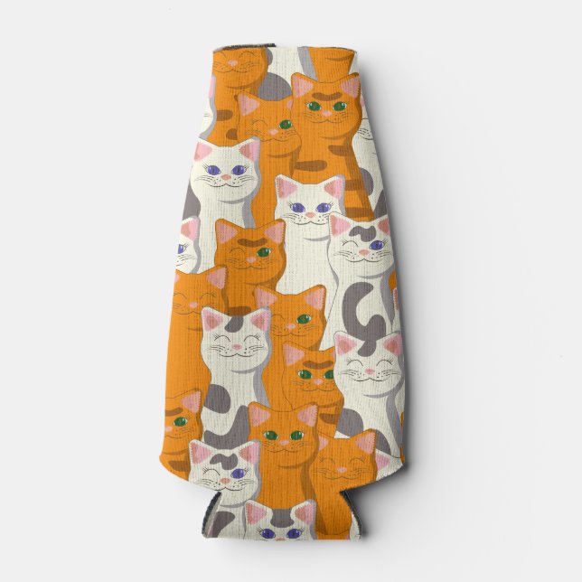 White and ginger cats pattern green eyes blue eyes bottle cooler (Front)