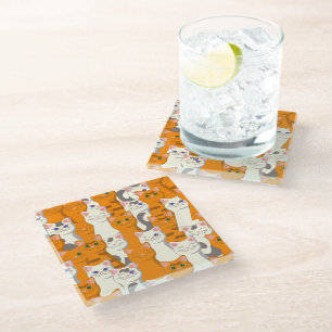White and ginger cats pattern green eyes blue eyes glass coaster